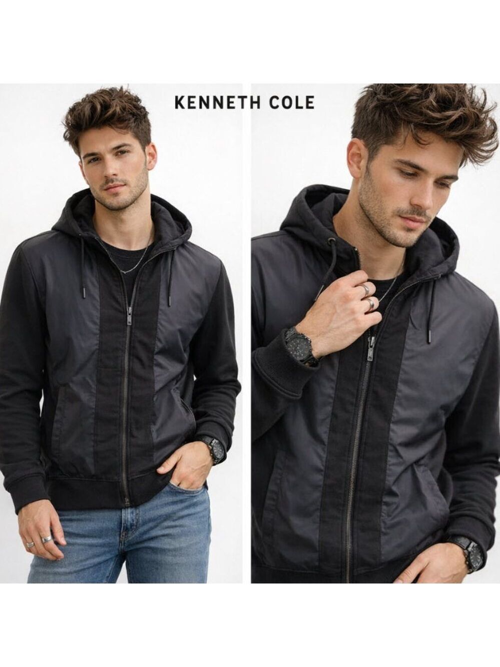 Kenneth Cole Black Zip Hoodie Cotton Nylon Hybrid Drawstring Men XLARGE